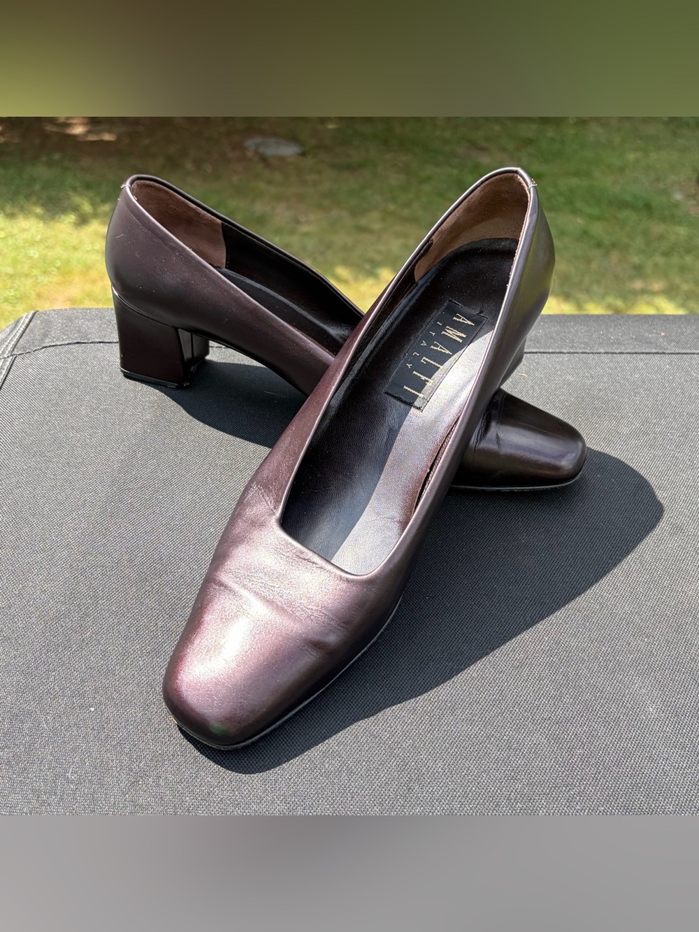 Vintage Amalfi Italy Metallic Dark Brown/Bronze Leather Block Heel Pumps 10 AA